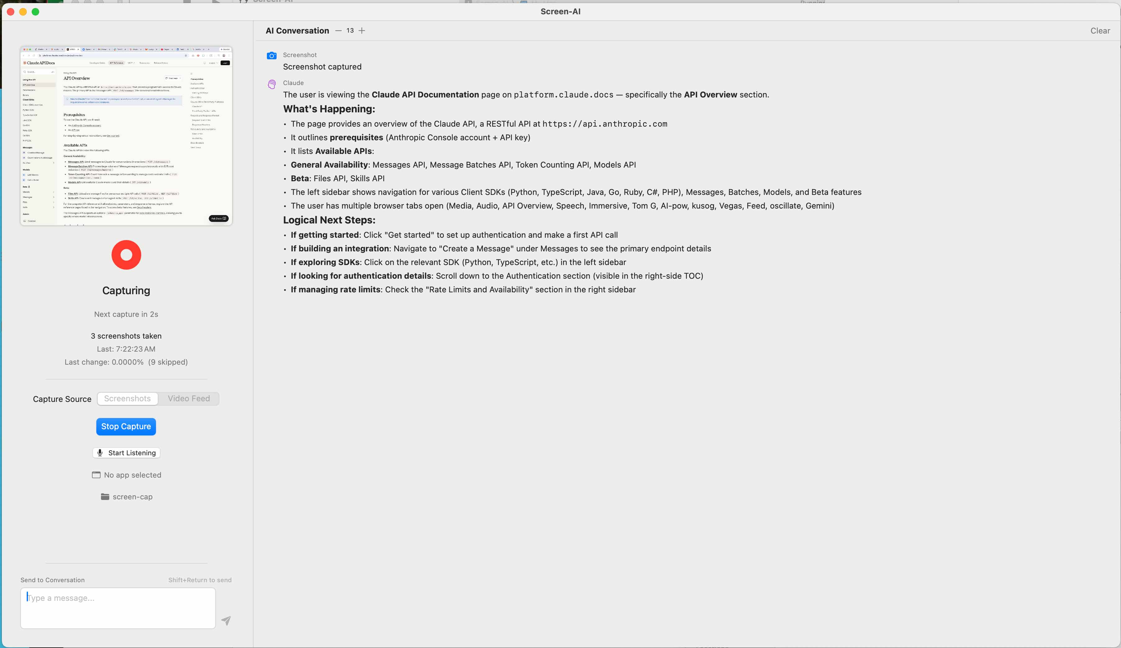 Screen-AI main interface — the left pane shows a live screenshot of the Anthropic API documentation being captured, while the right pane displays Claude's real-time analysis of what's on screen, including a structured summary of the page content and suggested next steps.