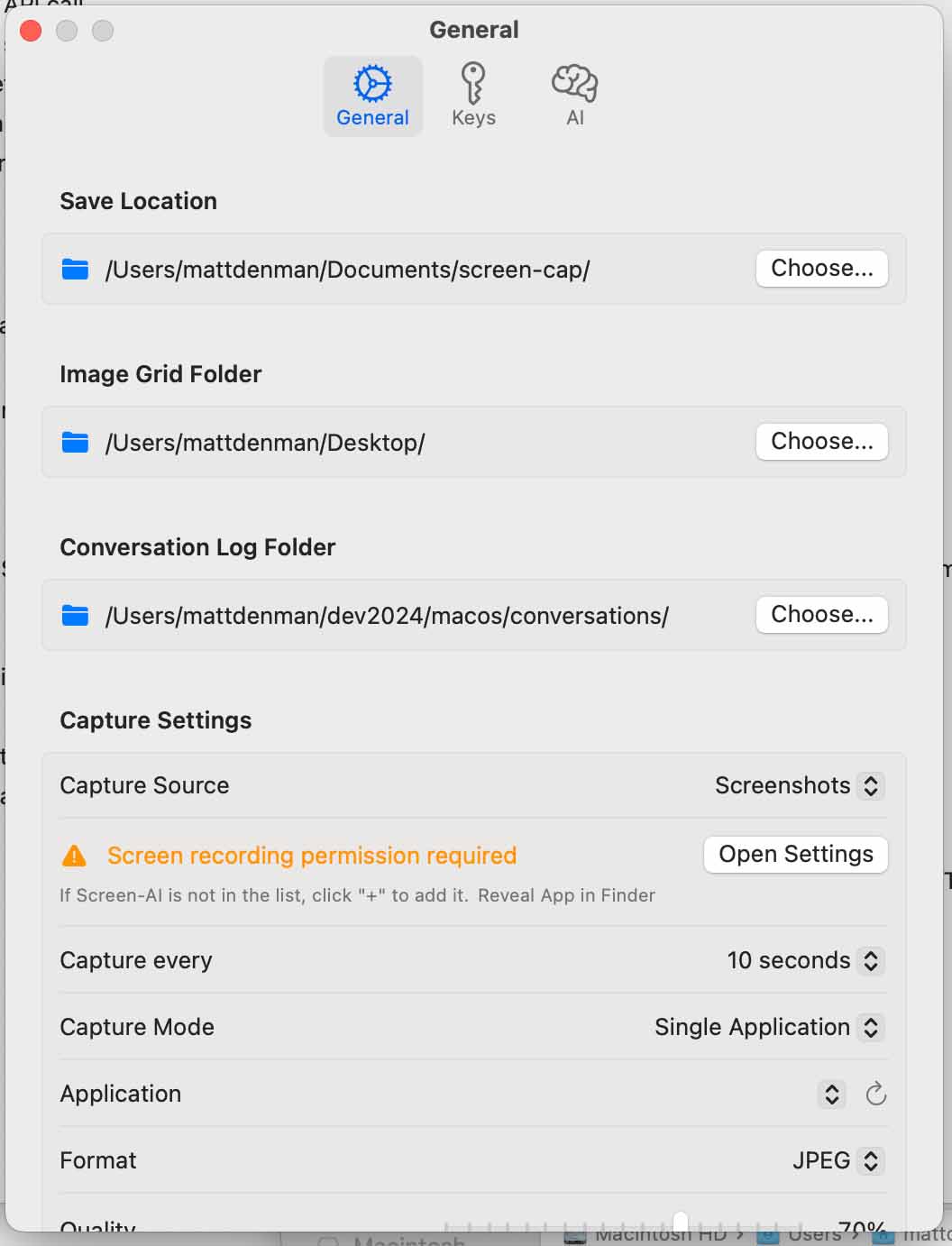 Screen-AI settings panel — the General tab shows folder pickers for save location, image grid, and conversation logs, followed by capture settings including source type, interval, capture mode, application selector, and image format.
